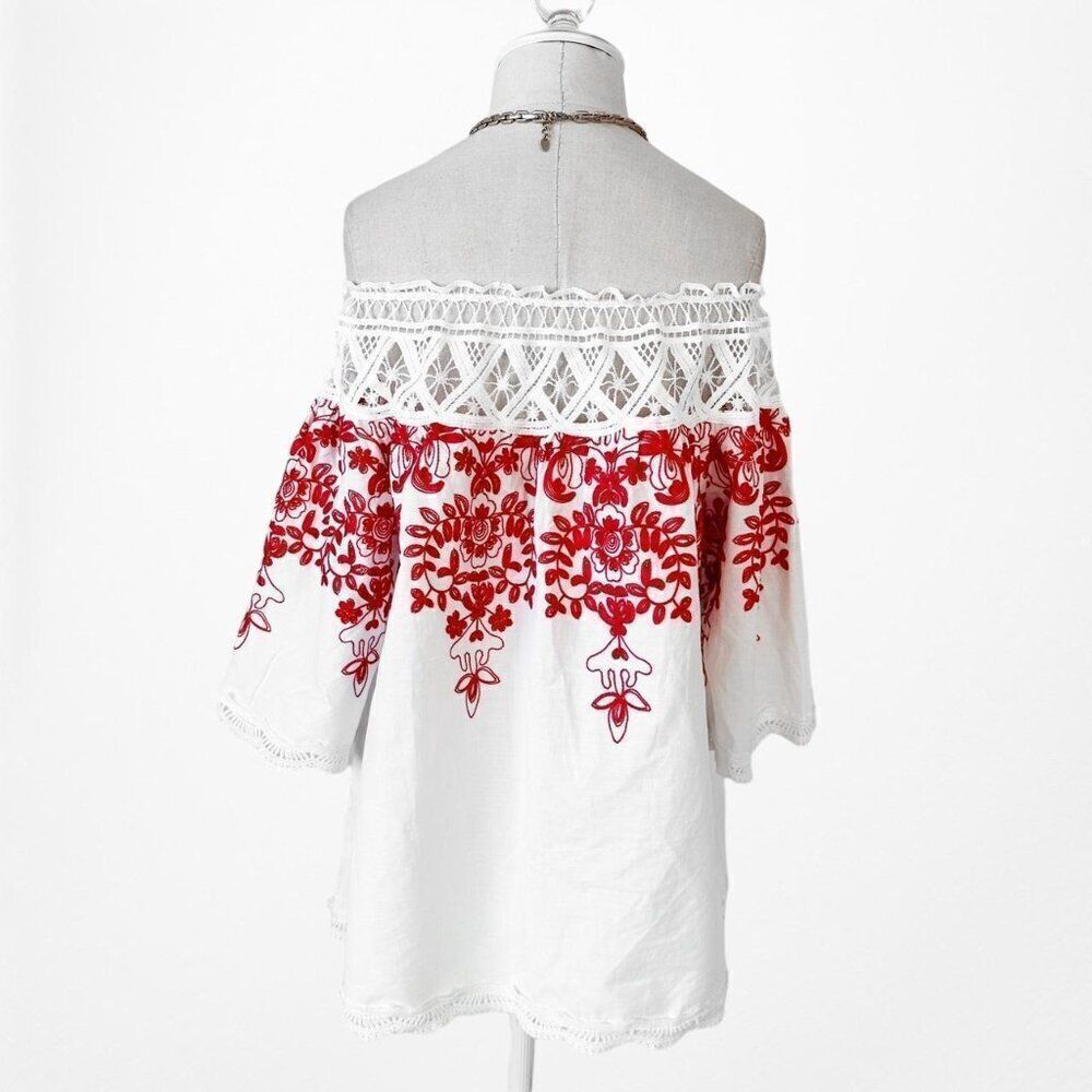 White Off The Shoulder Floral Lace Babydoll Style Cutout Blouse Top Dress Size M - Picture 5 of 6